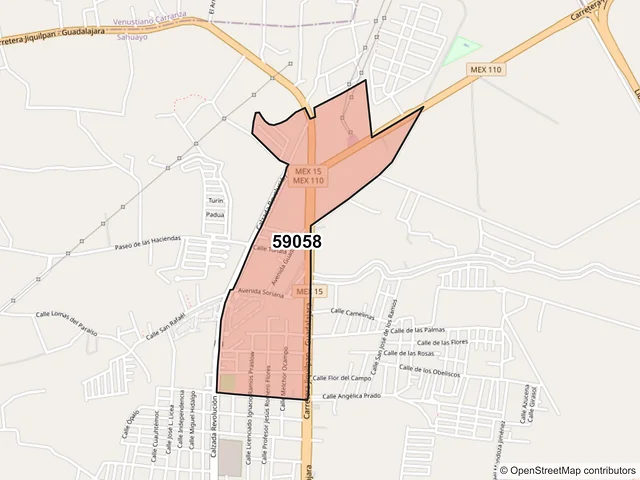 Mapa del código postal 59058, Sahuayo, Michoacán de Ocampo