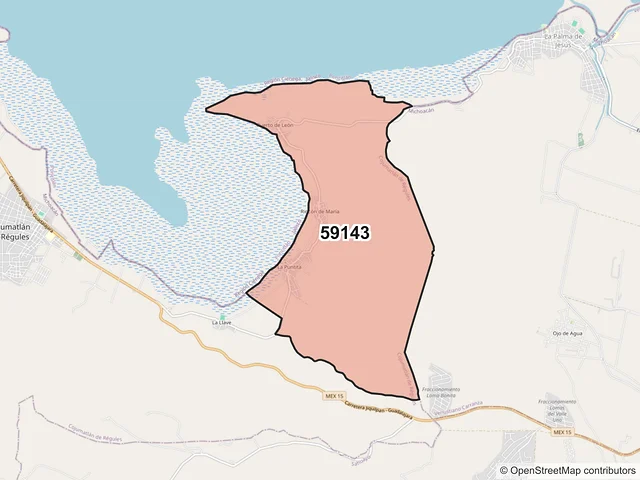 Mapa del código postal 59143, Cojumatlán de Régules, Michoacán de Ocampo