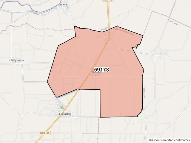 Mapa del código postal 59173, Venustiano Carranza, Michoacán de Ocampo