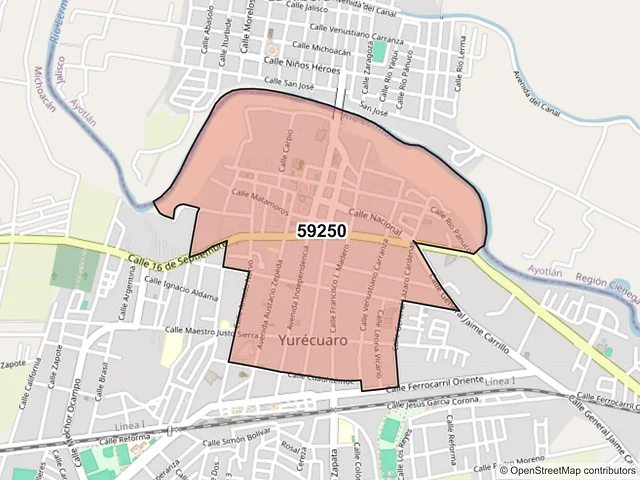 Mapa del código postal 59250, Yurécuaro, Michoacán de Ocampo