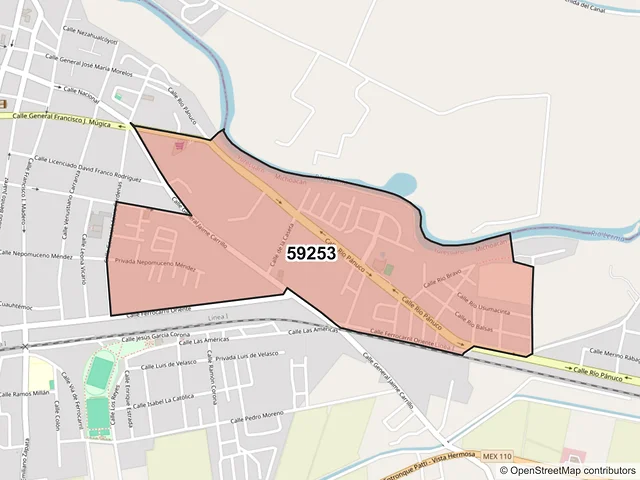 Mapa del código postal 59253, Yurécuaro, Michoacán de Ocampo