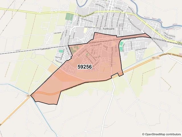 Mapa del código postal 59256, Yurécuaro, Michoacán de Ocampo