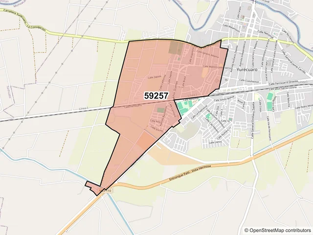 Mapa del código postal 59257, Yurécuaro, Michoacán de Ocampo