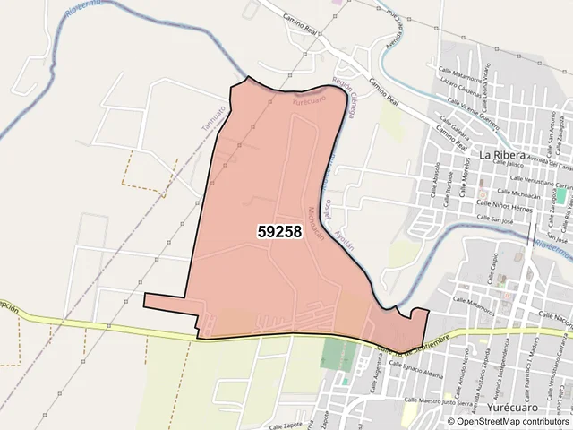 Mapa del código postal 59258, Yurécuaro, Michoacán de Ocampo