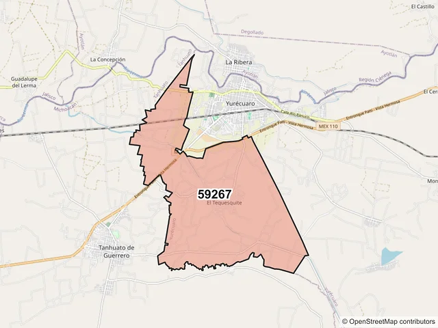 Mapa del código postal 59267, Yurécuaro, Michoacán de Ocampo