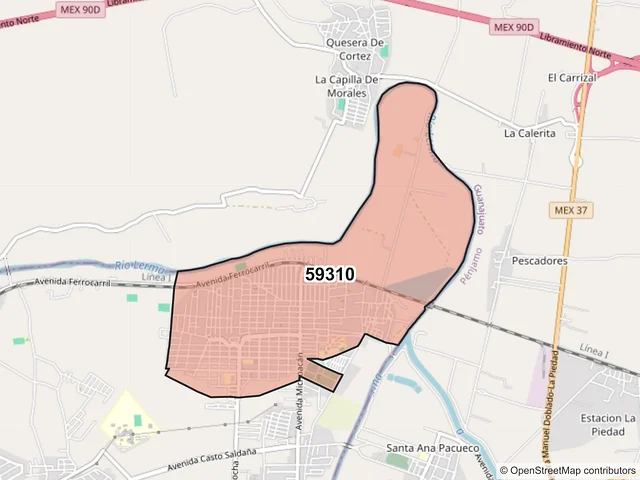 Mapa del código postal 59310, La Piedad, Michoacán de Ocampo
