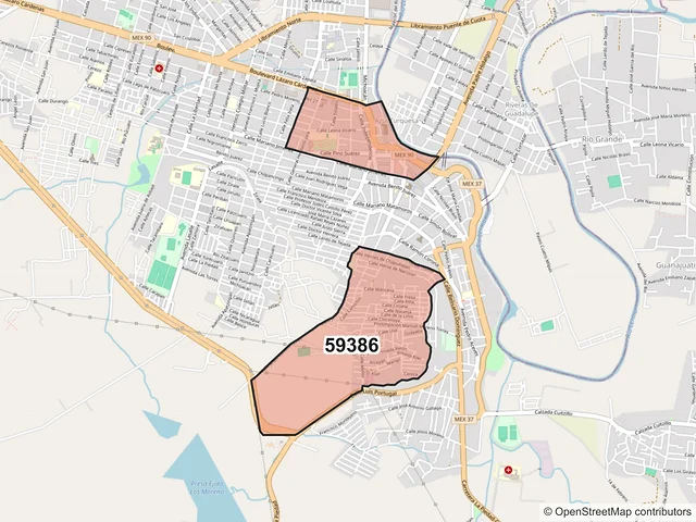 Mapa del código postal 59386, La Piedad, Michoacán de Ocampo