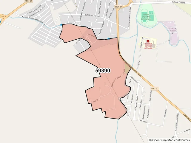 Mapa del código postal 59390, La Piedad, Michoacán de Ocampo