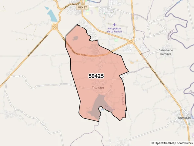 Mapa del código postal 59425, La Piedad, Michoacán de Ocampo