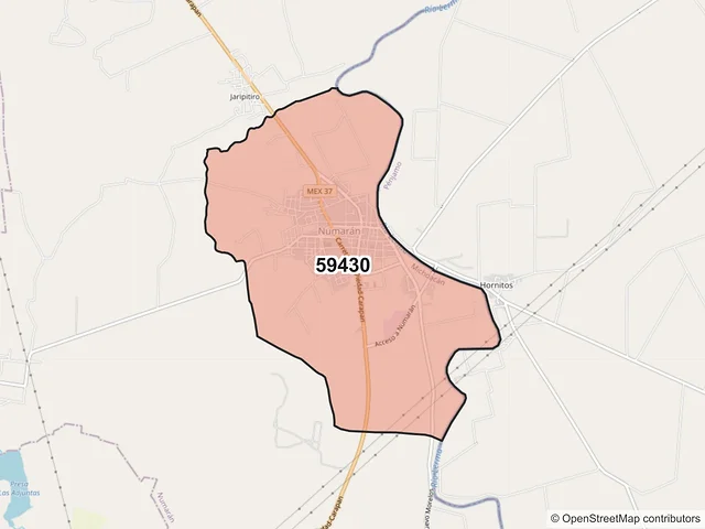 Mapa del código postal 59430, Numarán, Michoacán de Ocampo