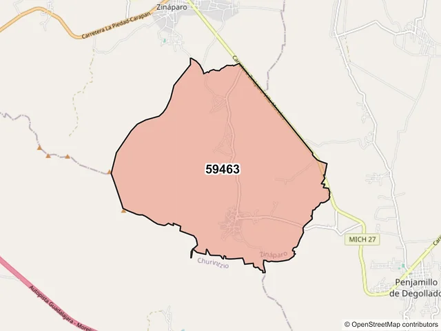 Mapa del código postal 59463, Zináparo, Michoacán de Ocampo