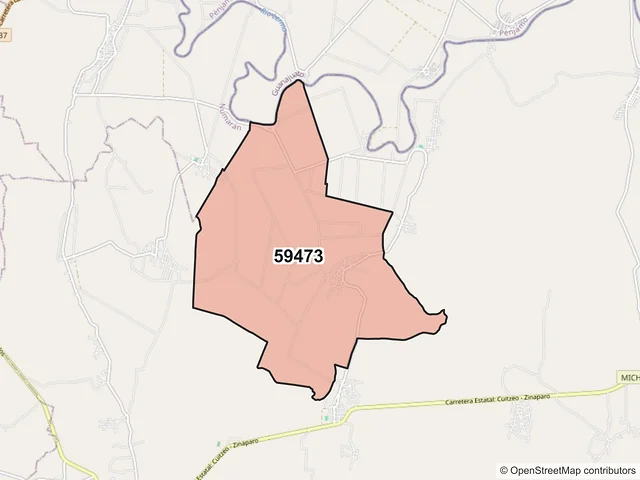 Mapa del código postal 59473, Penjamillo, Michoacán de Ocampo