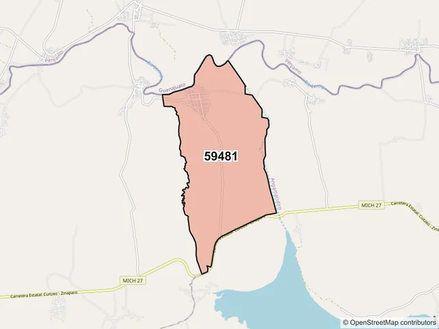 Mapa del código postal 59481, Penjamillo, Michoacán de Ocampo