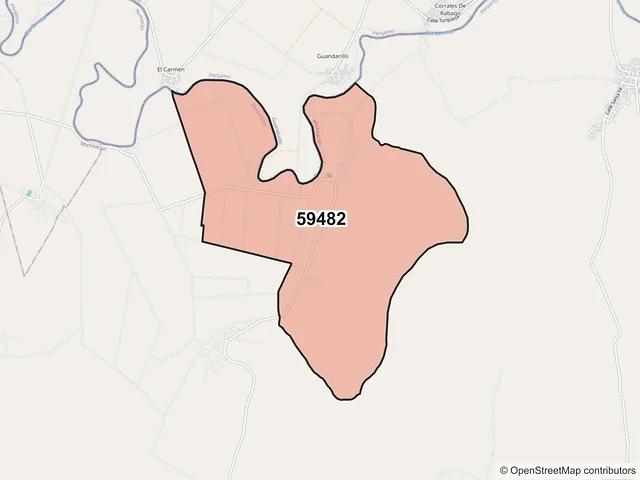 Mapa del código postal 59482, Penjamillo, Michoacán de Ocampo