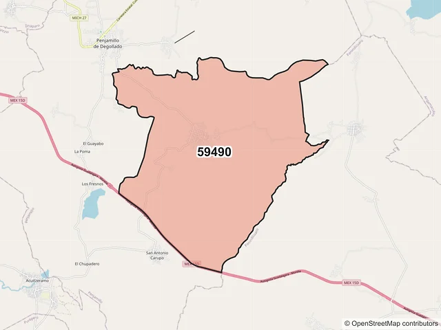 Mapa del código postal 59490, Penjamillo, Michoacán de Ocampo