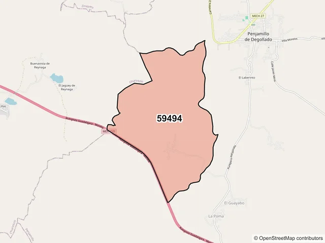 Mapa del código postal 59494, Penjamillo, Michoacán de Ocampo