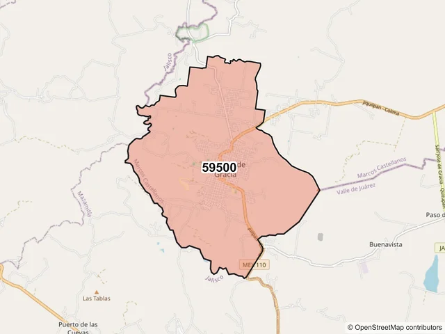 Mapa del código postal 59500, Marcos Castellanos, Michoacán de Ocampo
