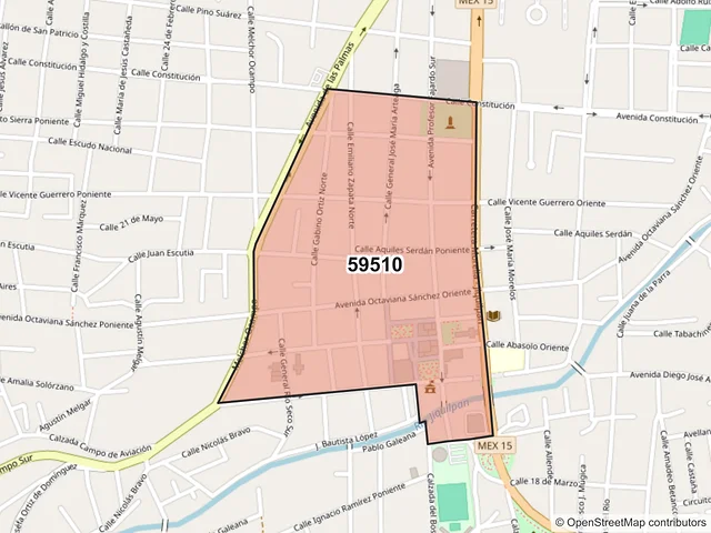 Mapa del código postal 59510, Jiquilpan, Michoacán de Ocampo