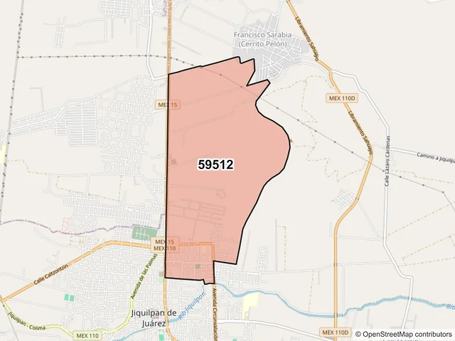 Mapa del código postal 59512, Jiquilpan, Michoacán de Ocampo