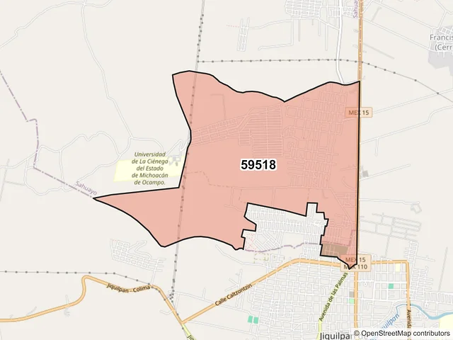 Mapa del código postal 59518, Jiquilpan, Michoacán de Ocampo