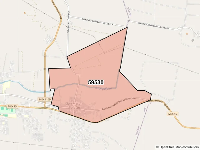 Mapa del código postal 59530, Jiquilpan, Michoacán de Ocampo