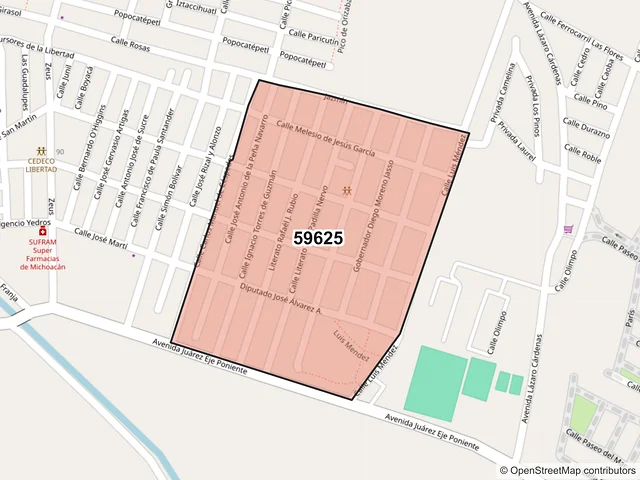 Mapa del código postal 59625, Zamora, Michoacán de Ocampo