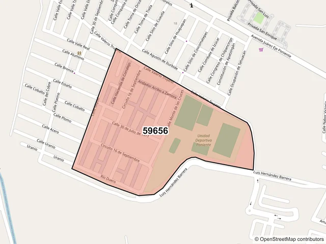Mapa del código postal 59656, Zamora, Michoacán de Ocampo
