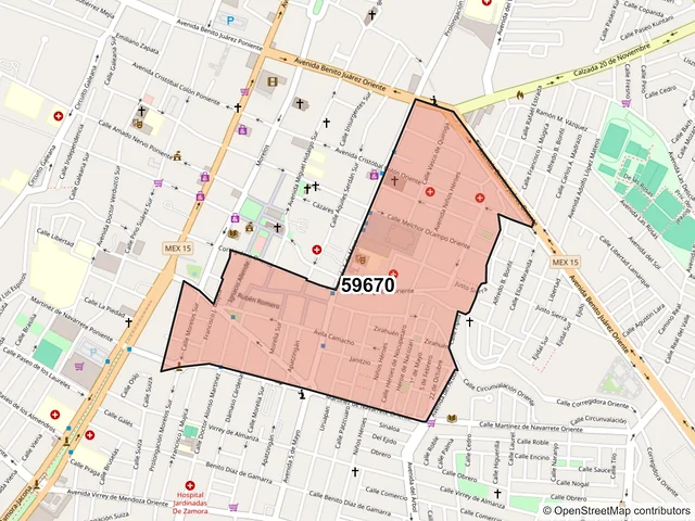 Mapa del código postal 59670, Zamora, Michoacán de Ocampo