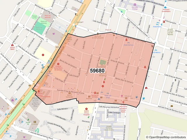 Mapa del código postal 59680, Zamora, Michoacán de Ocampo