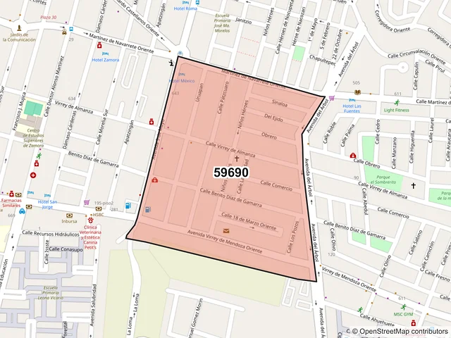 Mapa del código postal 59690, Zamora, Michoacán de Ocampo