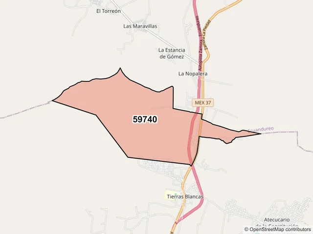 Mapa del código postal 59740, Ecuandureo, Michoacán de Ocampo