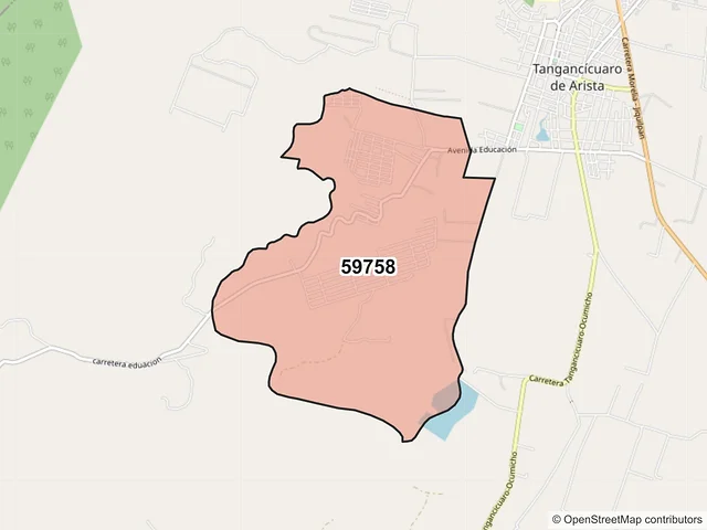 Mapa del código postal 59758, Tangancícuaro, Michoacán de Ocampo