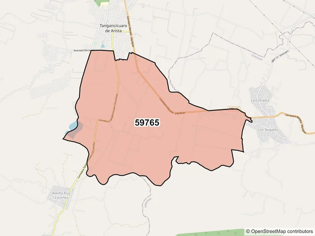 Mapa del código postal 59765, Tangancícuaro, Michoacán de Ocampo