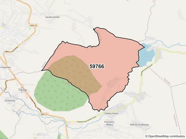 Mapa del código postal 59766, Tangancícuaro, Michoacán de Ocampo