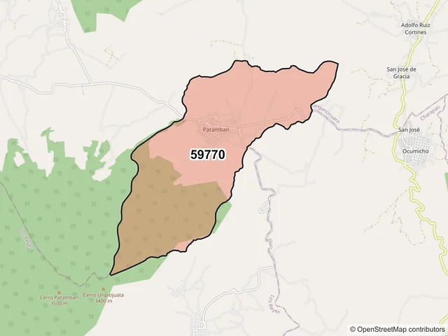 Mapa del código postal 59770, Tangancícuaro, Michoacán de Ocampo