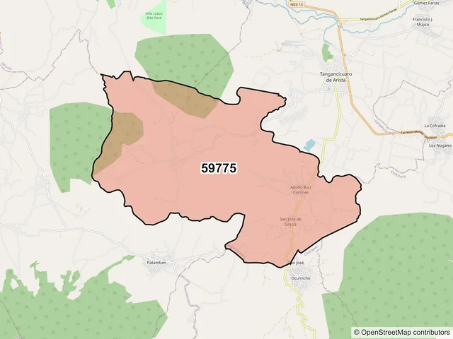 Mapa del código postal 59775, Tangancícuaro, Michoacán de Ocampo