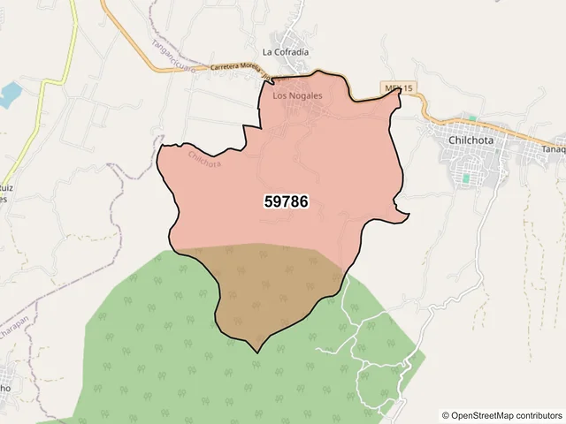 Mapa del código postal 59786, Chilchota, Michoacán de Ocampo