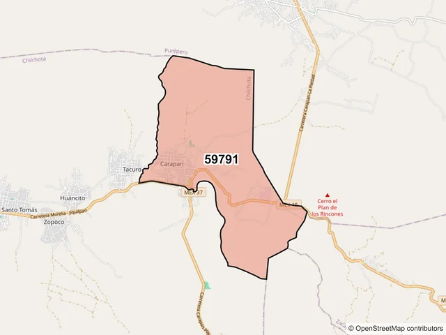 Mapa del código postal 59791, Chilchota, Michoacán de Ocampo