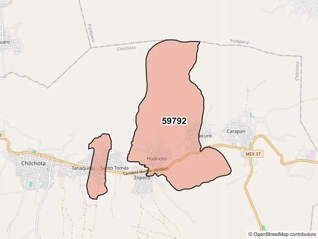 Mapa del código postal 59792, Chilchota, Michoacán de Ocampo