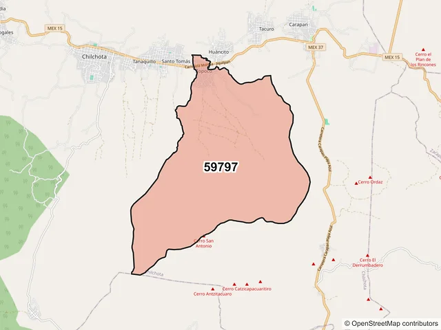 Mapa del código postal 59797, Chilchota, Michoacán de Ocampo