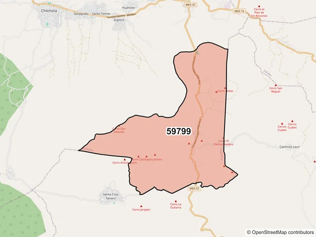 Mapa del código postal 59799, Chilchota, Michoacán de Ocampo