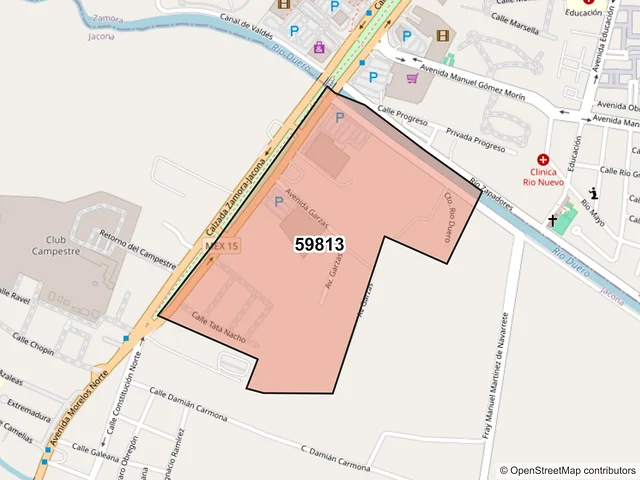 Mapa del código postal 59813, Jacona, Michoacán de Ocampo