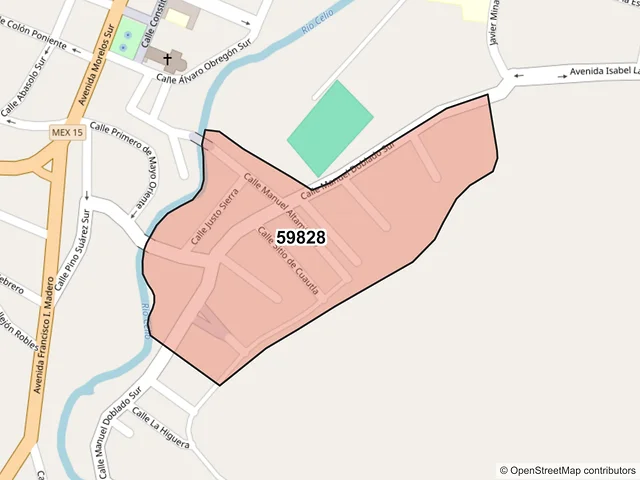 Mapa del código postal 59828, Jacona, Michoacán de Ocampo