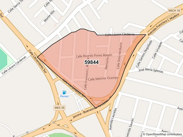 Mapa del código postal 59844, Jacona, Michoacán de Ocampo