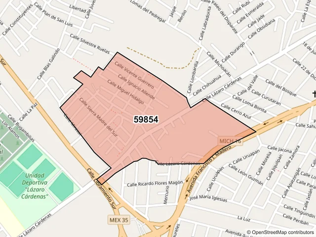 Mapa del código postal 59854, Jacona, Michoacán de Ocampo
