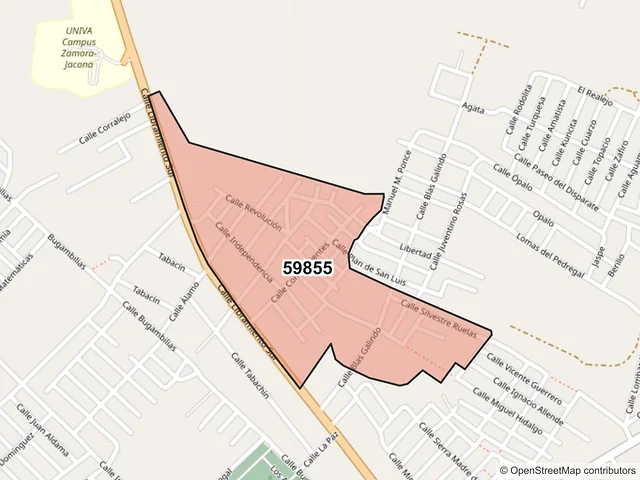 Mapa del código postal 59855, Jacona, Michoacán de Ocampo