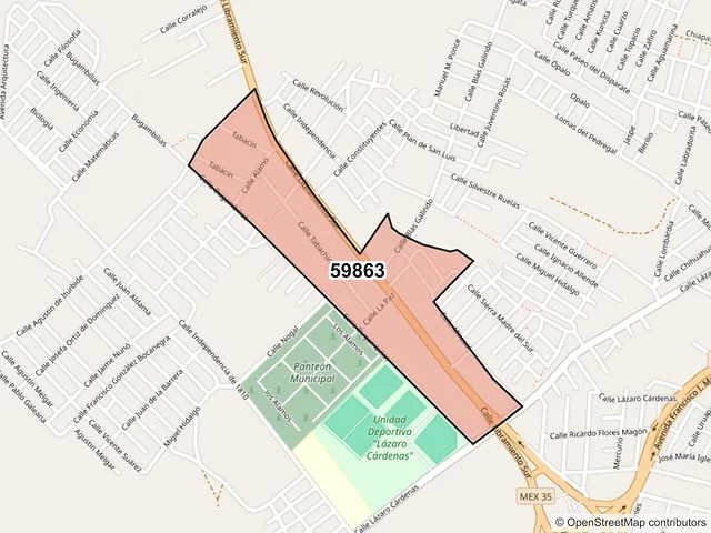 Mapa del código postal 59863, Jacona, Michoacán de Ocampo