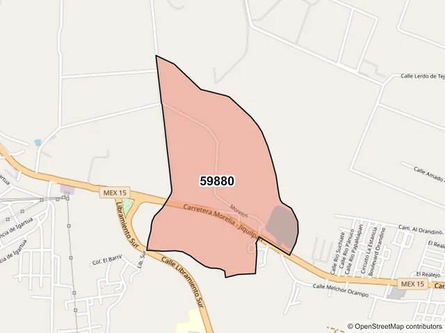 Mapa del código postal 59880, Jacona, Michoacán de Ocampo