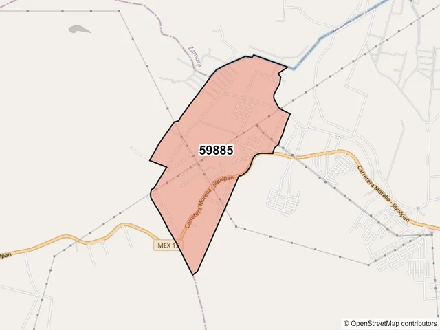 Mapa del código postal 59885, Jacona, Michoacán de Ocampo