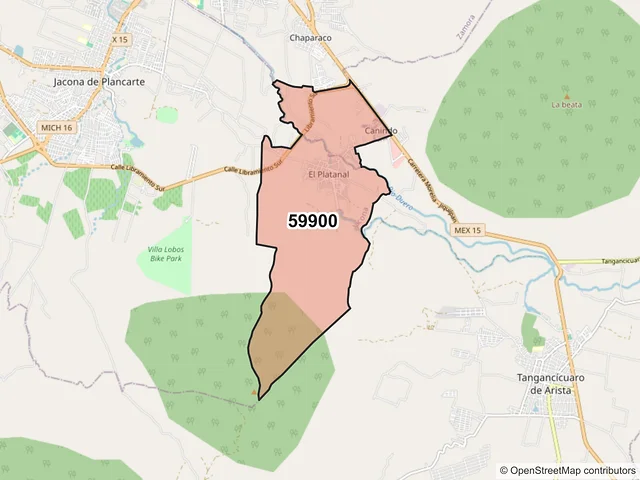 Mapa del código postal 59900, Jacona, Michoacán de Ocampo